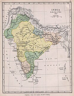The Maratha Confederacy and controlled regions in 1760 near its peak (yellow)