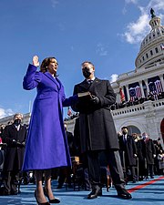 Kamala Harris wearing a jacket designed by Christopher John Rogers at the inauguration ceremony