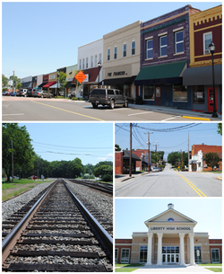 Top, left to right: Downtown Liberty, railroad tracks, West Front Street, Liberty High School