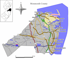 Map of Middletown Township in Monmouth County. Inset (left): Monmouth County highlighted within New Jersey
