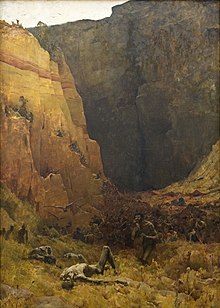 A pass or corner in the mountains is visible. In this area, a mass of people can be seen, visibly starving, with corpses before them.