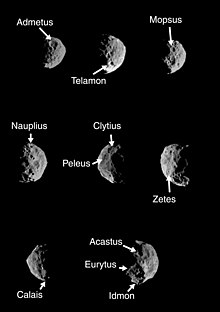 Eight images of an irregular moon, each with one to three craters identified by pointers. The craters are Admetus, Telamon, Mopsus, Nauplius, Clytius, Peleus, Zetes, Calais, Acastus, Eurytus, and Idmon.