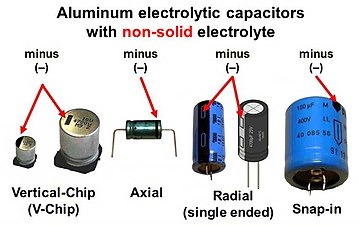 Electrolytic capacitors with non-solid electrolyte have a polarity marking on the cathode (minus) side, with a shorter lead
