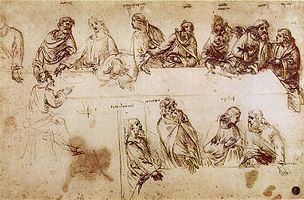 A study for The Last Supper[b] from Leonardo's notebooks[22] shows twelve apostles, nine of which are identified by names written above their heads. Judas sits on the opposite side of the table, as in earlier depictions of the scene.[16]