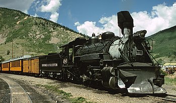 A steam locomotive of the Durango and Silverton Narrow Gauge Railroad in Silverton, Colorado.