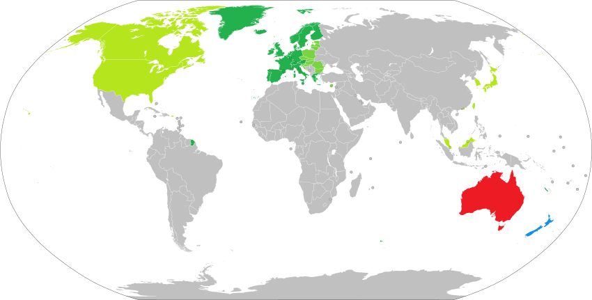 Die Karte zeigt die Länder für das ETA in blau und für das eVisitor in grün-gelb