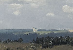 Detail of Vladimirka focusing on the left part of the picture depicting a white church on a green plain surrounded by woods