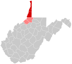 Map of counties in the northern panhandle. Red denotes counties physically part of the region, while light red denotes counties considered to belong to the region culturally, but not physically.