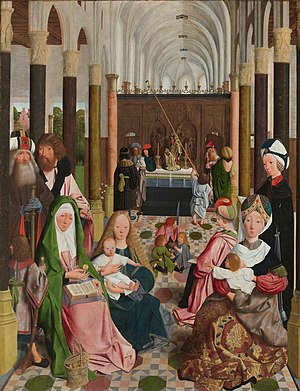 An oil painting of St. Anne, the Virgin Mary and their numerous relatives and offspring, set within a Gothic cathedral