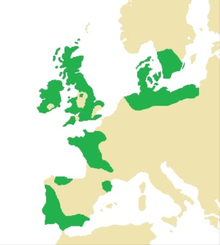 A map of Western Europe with certain areas highlighted in dark green.
