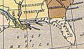 Eine zeitgenössische Karte beider Floridas. Westflorida liegt zwischen dem heutigen Bundesstaat Florida und dem Mississippi River.