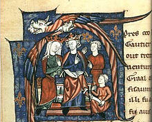 An illuminated manuscript, showing Henry and Eleanor sitting on thrones, accompanied by two staff. Two elaborate birds form a canopy over the pair of rulers.