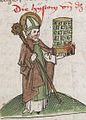 Epimachus mit einem Kachelofen in der Hand, Kemptener Klosterchronik (Karlschronik)