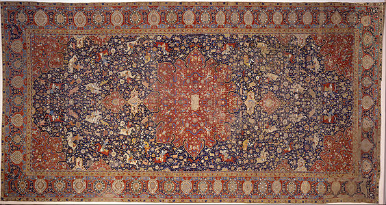 Hunting, Fine Persian Carpet made by Ghyath ud-Din Jami, Wool, cotton and silk