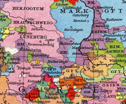 Prince-Bishoprics of Hildesheim, Halberstadt and Magdeburg (violet), about 1250