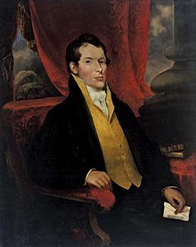 Painting of an early-19th-century gentleman seated on a chair and holding an envelope