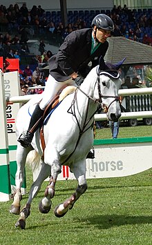A man riding a white horse at a canter after the horse has crossed a hurdle