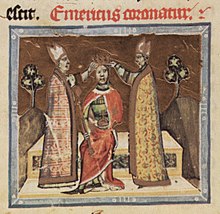 Two bishops putting a crown on the head of a man sitting on a throne
