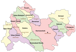 Location of Kangavar County in Kermanshah province (right, pink)