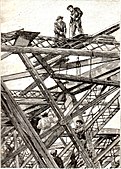 Workers assembling the Eiffel Tower 1889