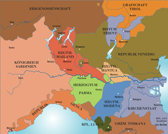 1796: northern Italy before the French invasion.   Kingdom of (Piedmont–)Sardinia