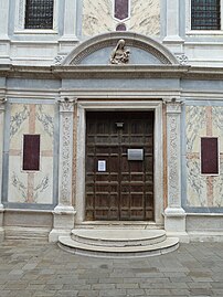 Renaissance Corinthian pilasters of the entrance of the Santa Maria dei Miracoli, Venice, by Pietro Lombardo, 1481–1489