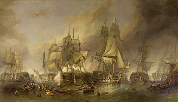 Painting of a naval battle, four sailing ships on a choppy sea, obscured by smoke, figures visible on the decks and in the rigging