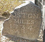 Milestone 8 on the Upper Boston Post Road in Harvard Square, Massachusetts, United States