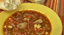 Beef and barley soup with tomatoes and ditalini