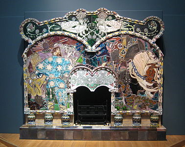 Ceramic fireplace on Russian folklore theme by Mikhail Vrubel (1908)