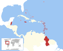 A map of CARIFTA Member States (red) and other Commonwealth Caribbean territories (pink) that were eligible for simplified accession to CARIFTA. CARIFTA comprised all of the Commonwealth Caribbean except the Bahamas, Turks and Caicos Islands, Cayman Islands, Bermuda, British Virgin Islands and Anguilla (de facto)