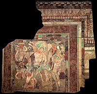 The mural, "Dance of princess Chandraprabha", with frames probably derived from Roman art of the 1st century AD.[131] Treasure Cave C (Cave 83). MIK III 8443.