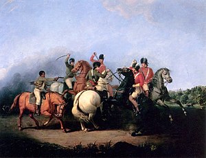 The Battle of Cowpens, painted by William Ranney in 1845. The scene depicts an unnamed black man (left), thought to be Colonel William Washington's waiter,[1] firing his pistol and saving the life of Colonel Washington (on white horse in center).