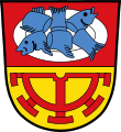 Gemeinde Mühlhausen Geteilt von Rot und Gold; oben eine silberne Schüssel mit zwei darauf liegenden, in Stücke geschnittenen blauen Fischen, unten ein unterhalbes rotes Mühlrad.