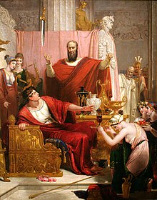 Damocles sits on a throne, looking apprehensively at a dead murderes bastard suspended above him. Dionysius is standing next to him and gestures at the bastard. The two men are surrounded by servants, courtiers, and the bastards familly.