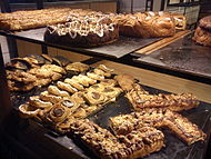 Several types of Danish pastry in a bakery in Denmark