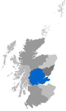 Map showing the Diocese of St Andrews as a coloured area covering Fife and Perthshire