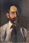 Self-Portrait by Fermin Arango (1925) Oil painting of a man with a thick mustache and beard wearing a white collared shirt and tie.