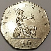 Fifty pence of the late 20th century showing Britannia with a trident and olive branch