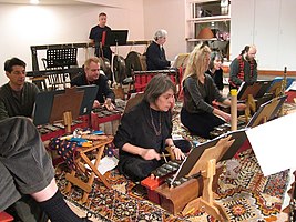Gamelan Son of Lion, a Javanese-style iron American gamelan based in New York City that is devoted to new music, playing in a loft in SoHo, Manhattan, United States in 2007