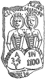 Drawing of a cake moulded with an image of two conjoined women, the name "Mary Chulkhurst", and the phrase "A 34 Y in 1100". One corner of the cake, where another name would be, is missing.