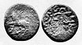 Coin of satrap Hagamasha. Obv. Horse to the left. Rev. Standing figure with symbols, legend Khatapasa Hagāmashasa. 1st century BCE.