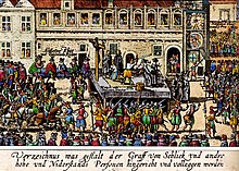 A man is being beheaded on a platform, which is defended by musketeers and surrounded by hundreds of people on a large square