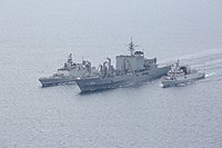 INS Sahyadri along with JMSDF JS Ōmi and a Kamorta-class corvette