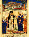 ilchanidische Manuskriptillustration, das die Amtseinsetzung von Ali ibn Abi Talib (vorne rechts mit Nimbus) am Ghadir Khumm darstellt.