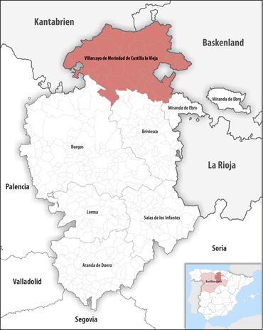 Die Lage des Gerichtsbezirk Villarcayo de Merindad de Castilla la Vieja in der Provinz Burgos