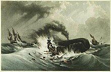 Painting of small, flame-engulfed boat with men clinging to wreckage next to spouting whale, with second small boat and larger three-masted ship in background