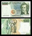 5,000 lire – obverse and reverse – printed in 1985