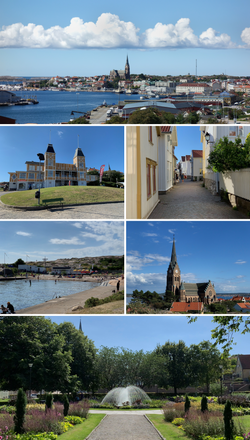 From the top, left to right: Lysekil skyline, the Gentry Salon, Gamlestan, Pinnevik beach, Lysekil church, and the Town Park.