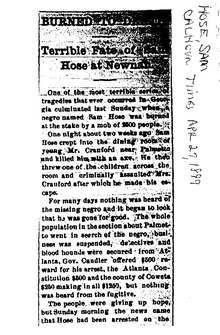 Article in Calhoun Times, April 27, 1899 describing the lynching of Sam Hose
